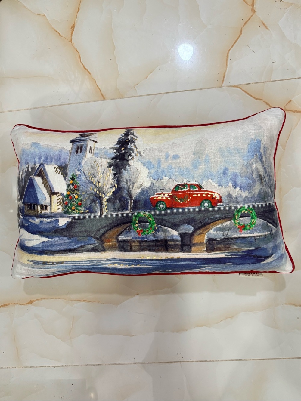 Holiday Red Truck Decorative Lumbar Feather Pillow Watercolor Winter Scene